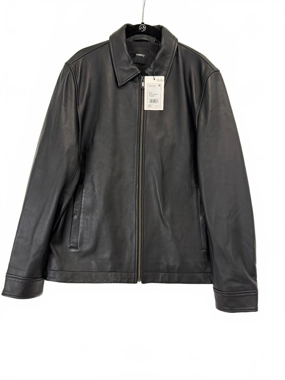 Theory Men's Black Leather Zip Front Harrington Jacket Coat Large NWT